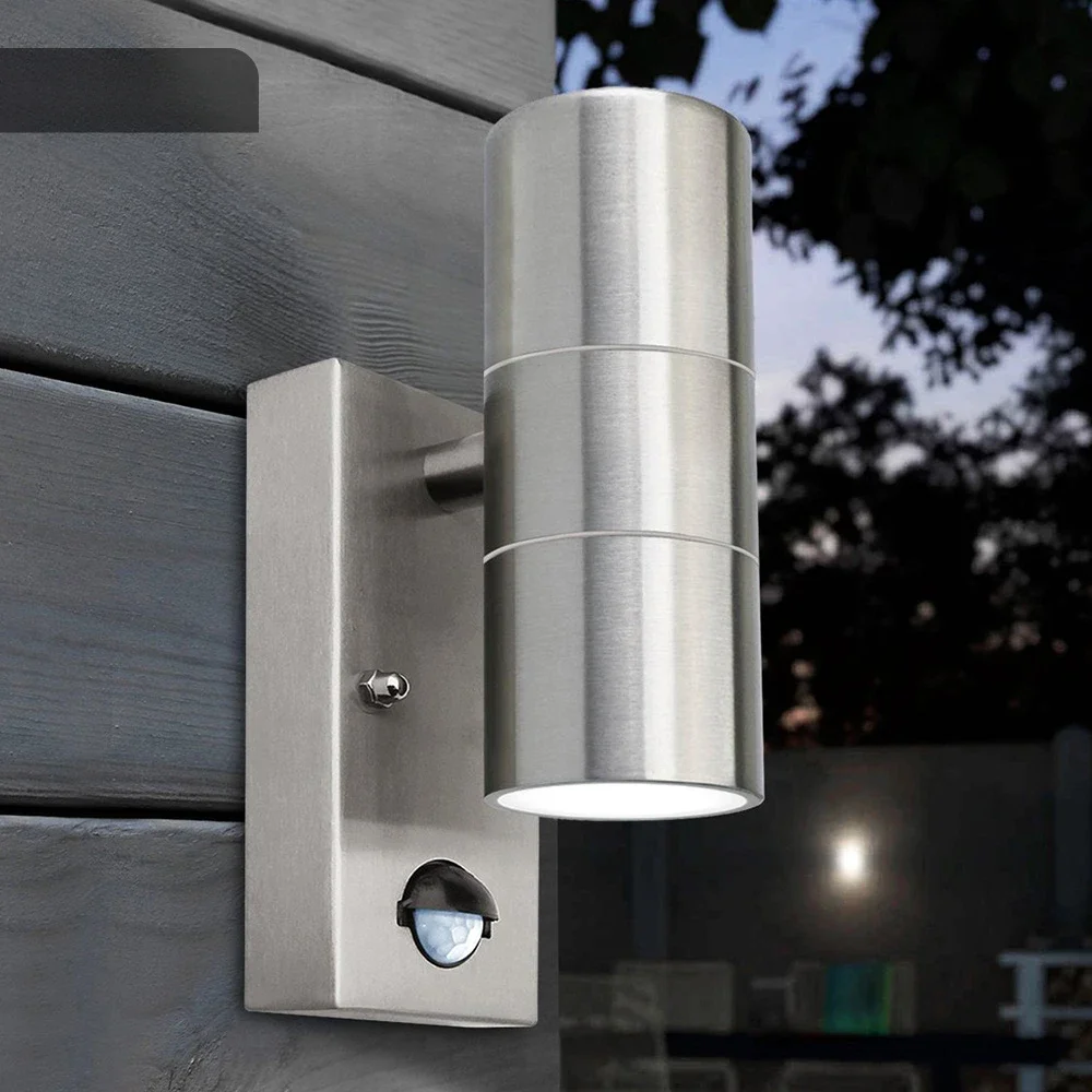 Outdoor IP54 Garden Up Down Wall Light Dusk Till Dawn Sensor Stainless Steel Double  Spot  Gu10 Bulb Included