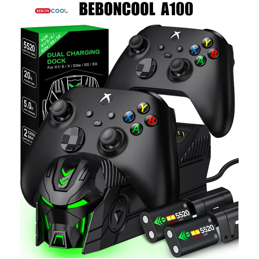 

Зарядное устройство для контроллера XBOX BEBONCOOL NEW A100 RGB, 2*5520 мВтч, перезаряжаемые батареи для XBOX Series S/X / XBOX ONE S/X с 4 чехлами