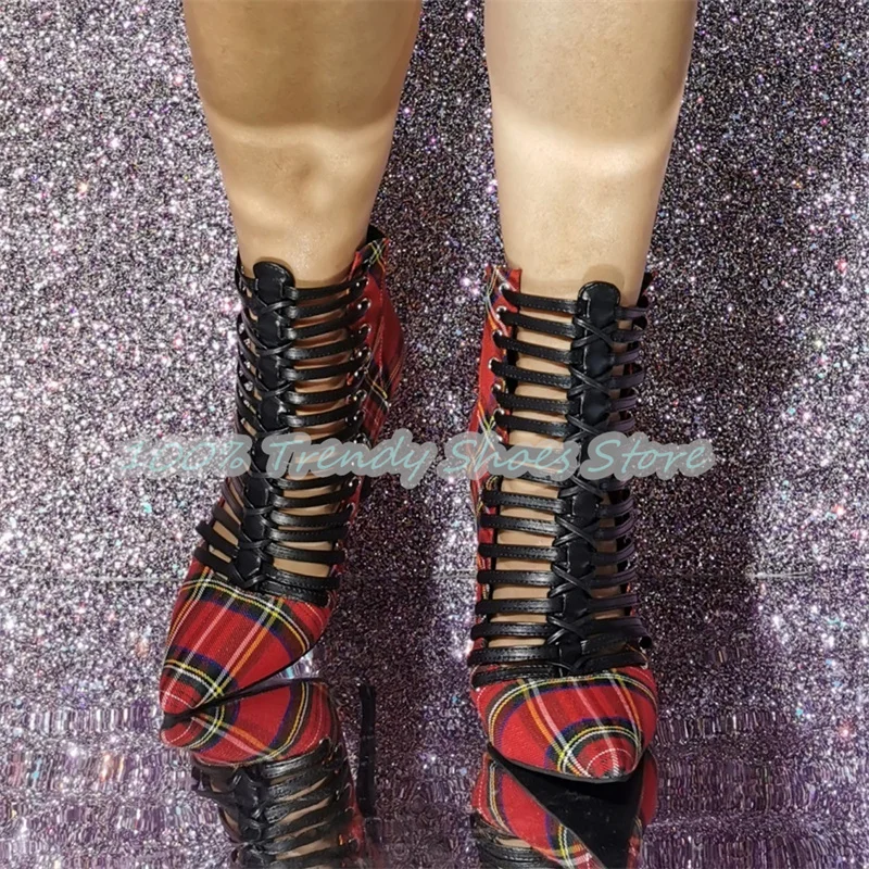 British Style Mixed Color Checkered Women Ankle Boots Pointed Toe High Heel Hollow-Out Strap Short Boots Lady Casual Shoes
