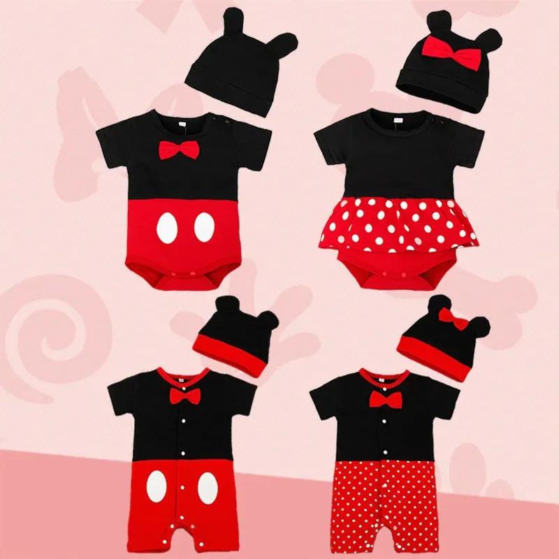 Summer Baby Boy Girl Newborn Romper Hat Short Skirt Sock 3 PCS Set Cartoon Mickey Minnie Infant Clothing Bebe Cotton Jumpsuits