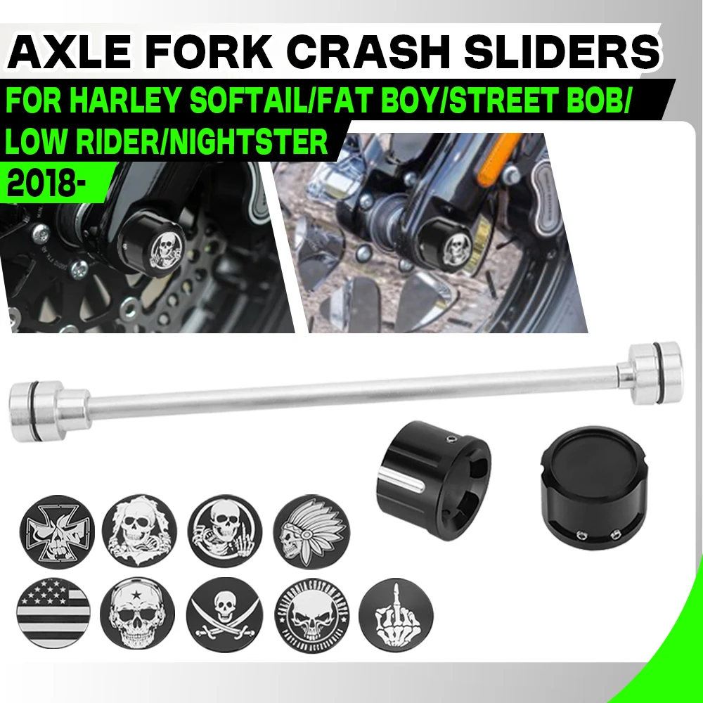 New Flag Skull Pattern Front Wheel Axle Fork Crash Sliders For Harley Nightster 975 Softail Street Bob Low Rider Fat Boy Motor
