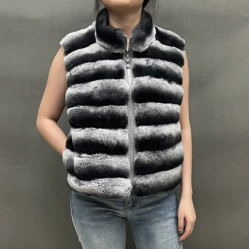 

Real Rex Rabbit Fur Winter Vest Women Thick Warm Gilet Lady Fashion Chinchilla Colour Waistcoat