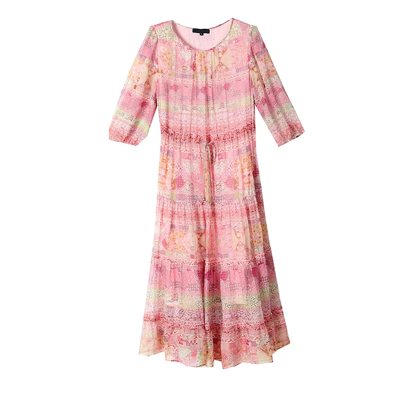 2025 Summer Print Silk Beach Midi Sundress Women Boho Fashion Casual Light Dress Spring Korean Elegant Luxury Festival Vestidos