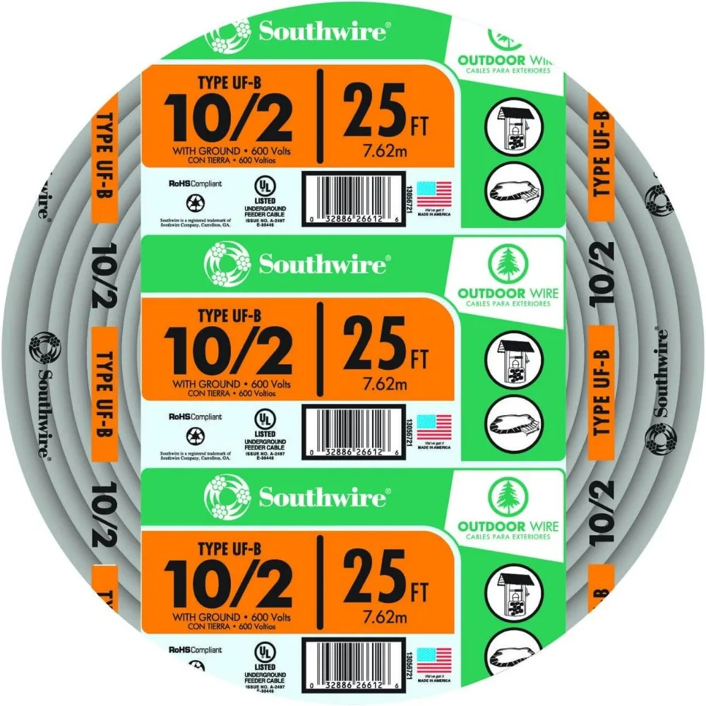 

Медный провод UF 12/2WG, 50 футов, сейф для солнечного света, внесенный в список UL для наружного и подземного использования.