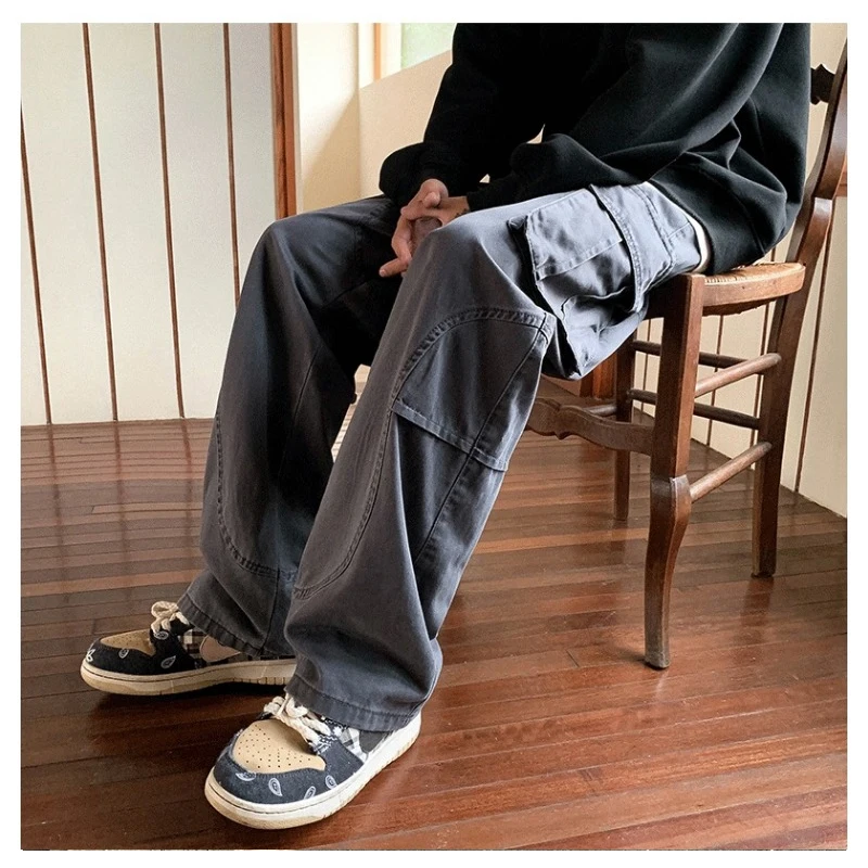 Men Loose Cargo Pants Multi Side Pockets Washed Cotton Fabric Work Trousers For Streetwear Y2K Daily Casual Spring Summer Autumn