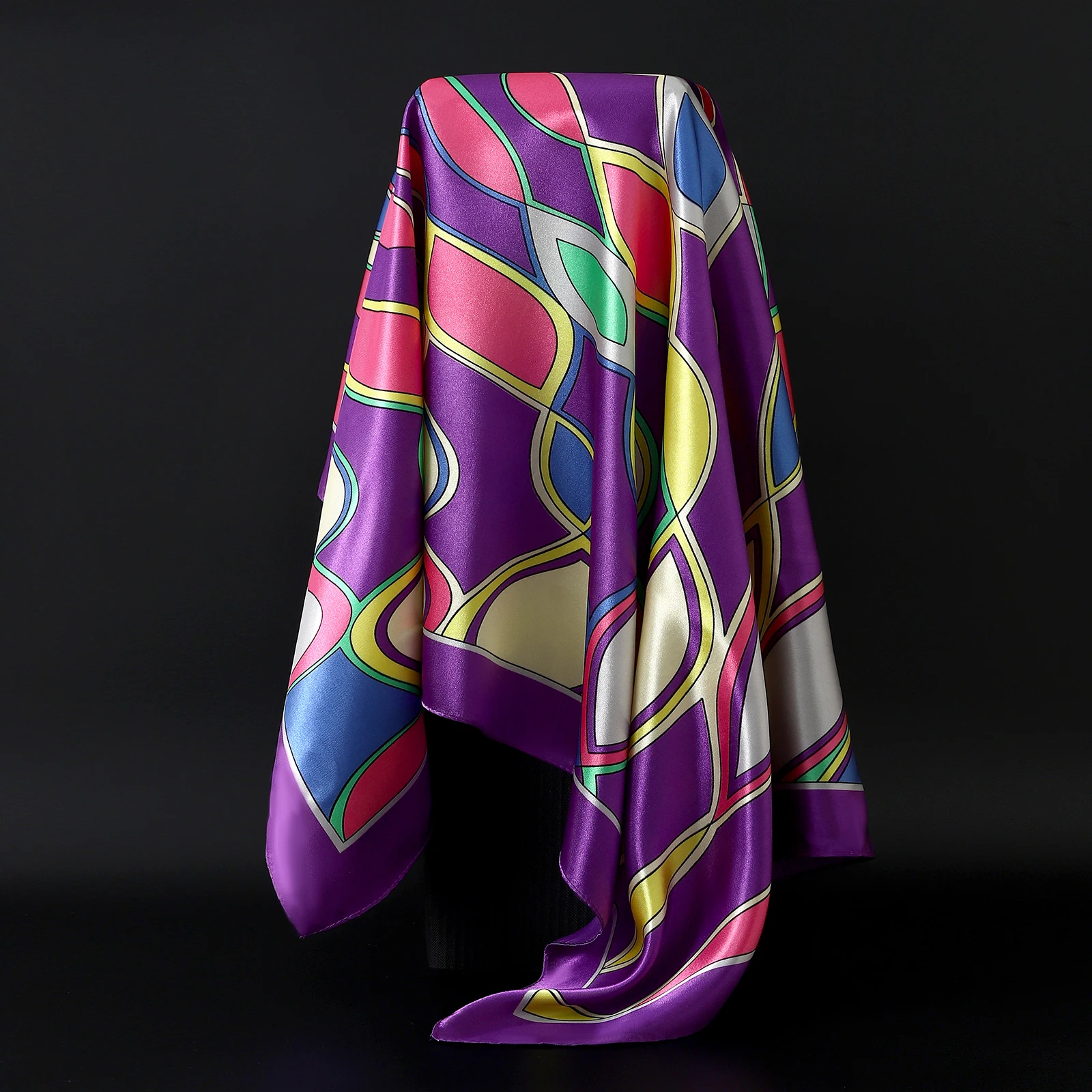 여성용 실크 새틴 히잡 스퀘어 스카프, 럭셔리 프린트, 우아한 헤어 핸드 백, 풀라드 숄 랩, 목 넥타이, 머리 스카프, 반다나, 90cm