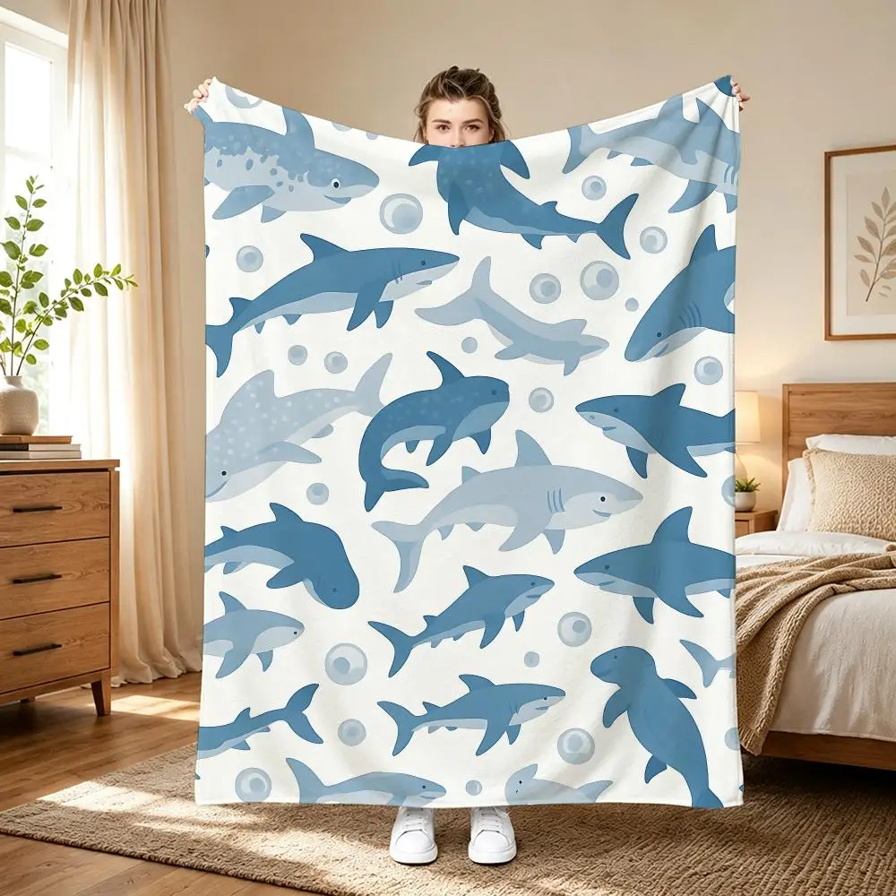 1pc shark print Throw Lightweight 240g Flannel Blanket Soft Skin-friendly for Summer Cooling