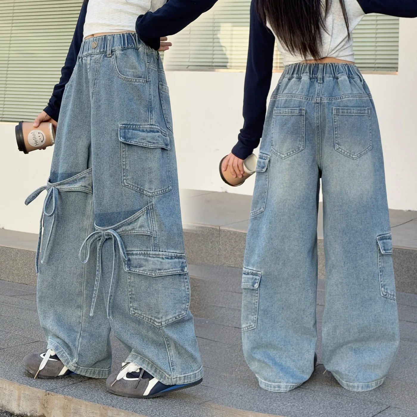 Kids Loose Wide Leg Jeans Teen Girls Multi-Pocket Bow Embellished Cargo Pants Spring Autumn Child Fashion Casual Denim Trousers