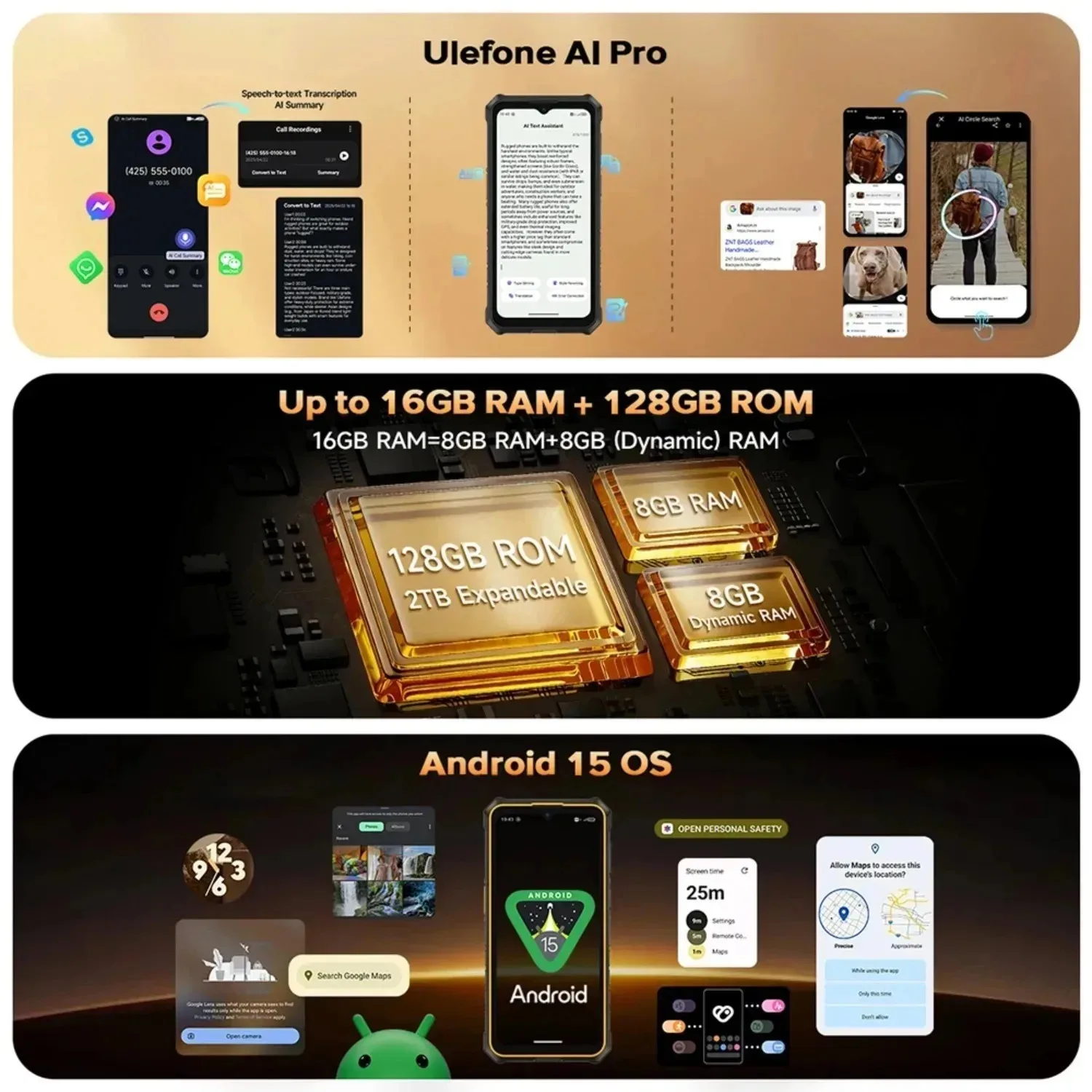 Telefone Rugged Global Ulefone RugKing Pro 3 4G AI com Tela de 6,56 polegadas 120Hz 5700mAh Lente Macro de 48MP 2MP Android 15 16GB RAM 128GB ROM NFC