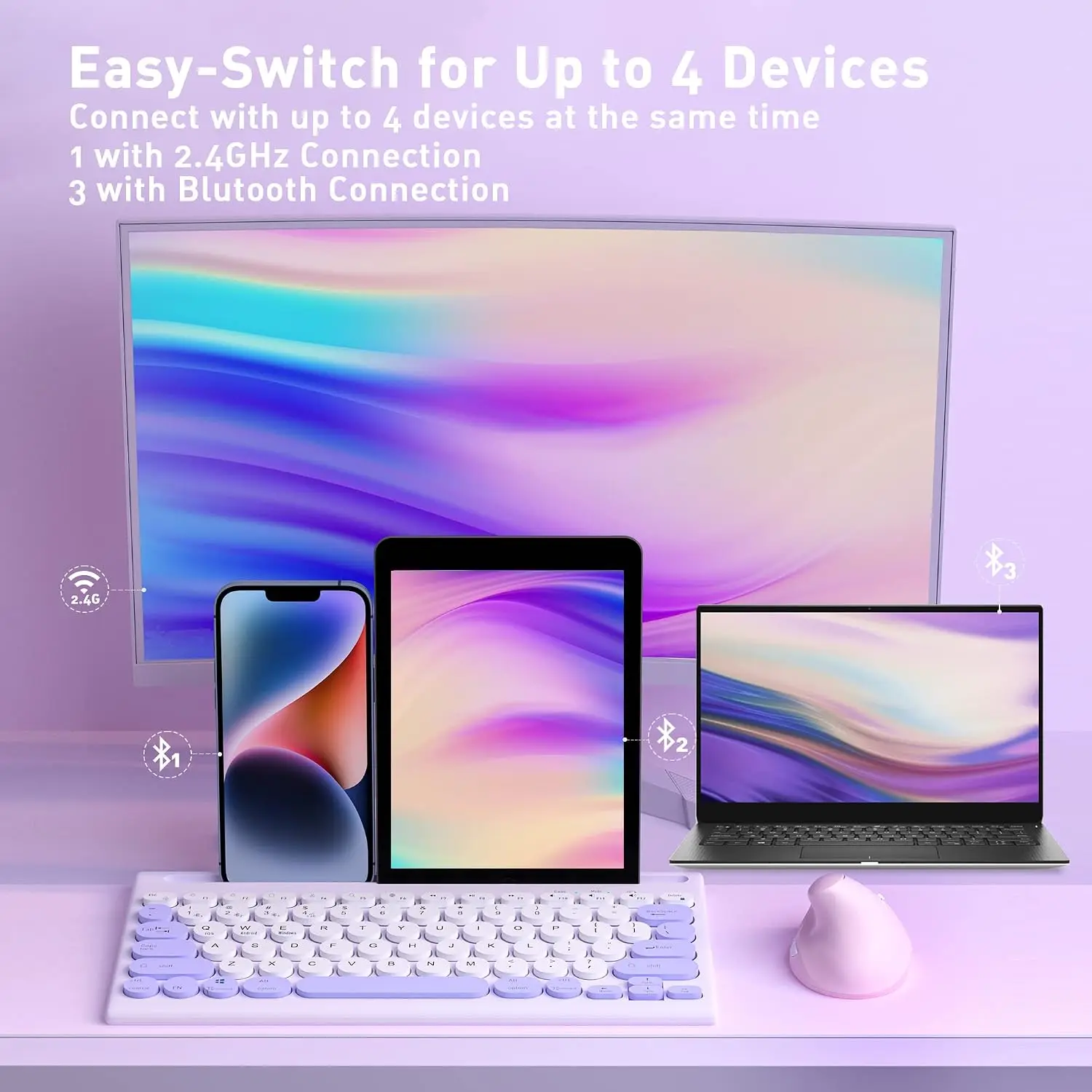 Purple Multi-Device Bluetooth Wireless Keyboard with Easy-Switch for Up to 4 Devices, Slim, Laptop, Windows, Mac, Chrome OS, Android, IPadOS, Apple TV Lavender Keyboard