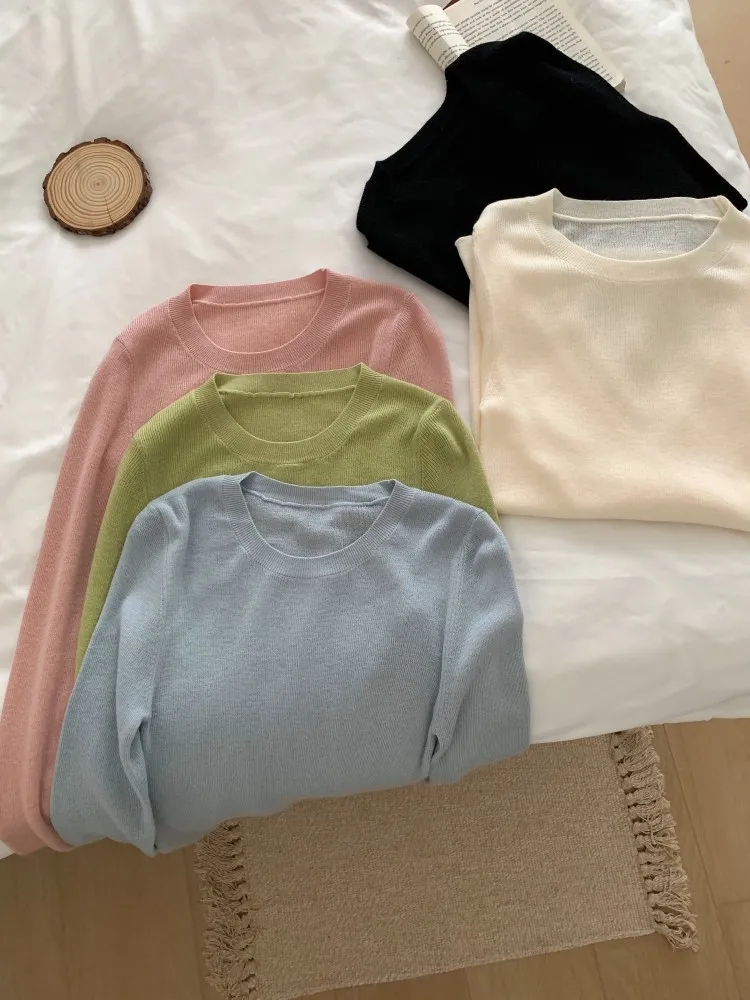 

Женский облегающий трикотажный топ FENG Sweet Round Neck: универсальный, стройнящий, осенне-зимний, модный, в конфетных цветах