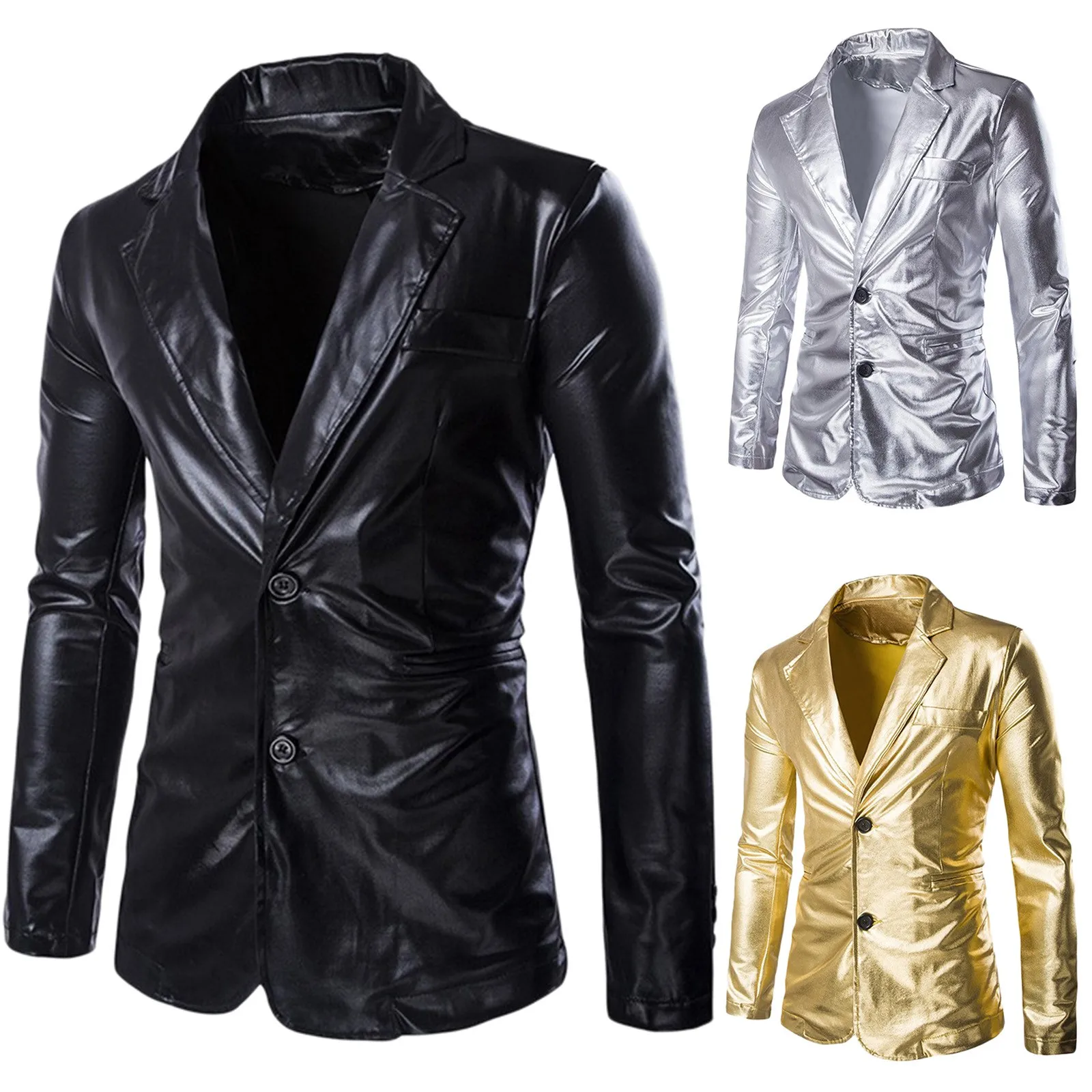 Bronzing Shiny Silver Suits Blazer Men Faux Leather Thin Suit Pants Gold Silver Black Fashion Wedding Party Stage Costumes