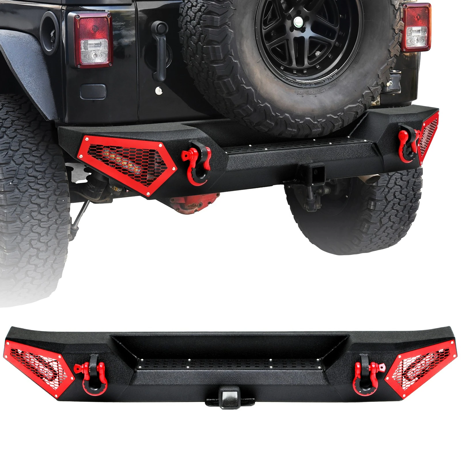 Rear Bumper for 07-18 Jeep Wrangler JK JKU W/ LED Lights D-Ring Hitch Receiver