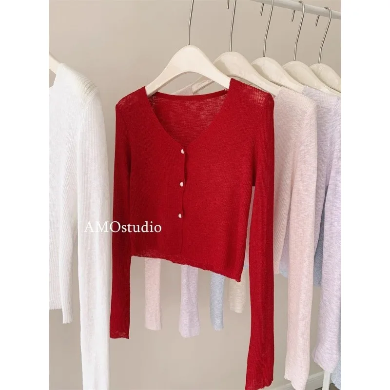 여성용 레드 롱 슬리브 가디건 슬림핏 버튼 프론트 니트 가디건 데일리 데이트 착용용