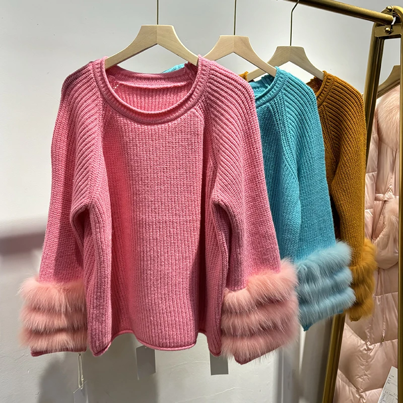 2025 Women Winter Thick Blue Natural Fox Fur Girl Autumn Classic Colorful Sweater Knitted Coat