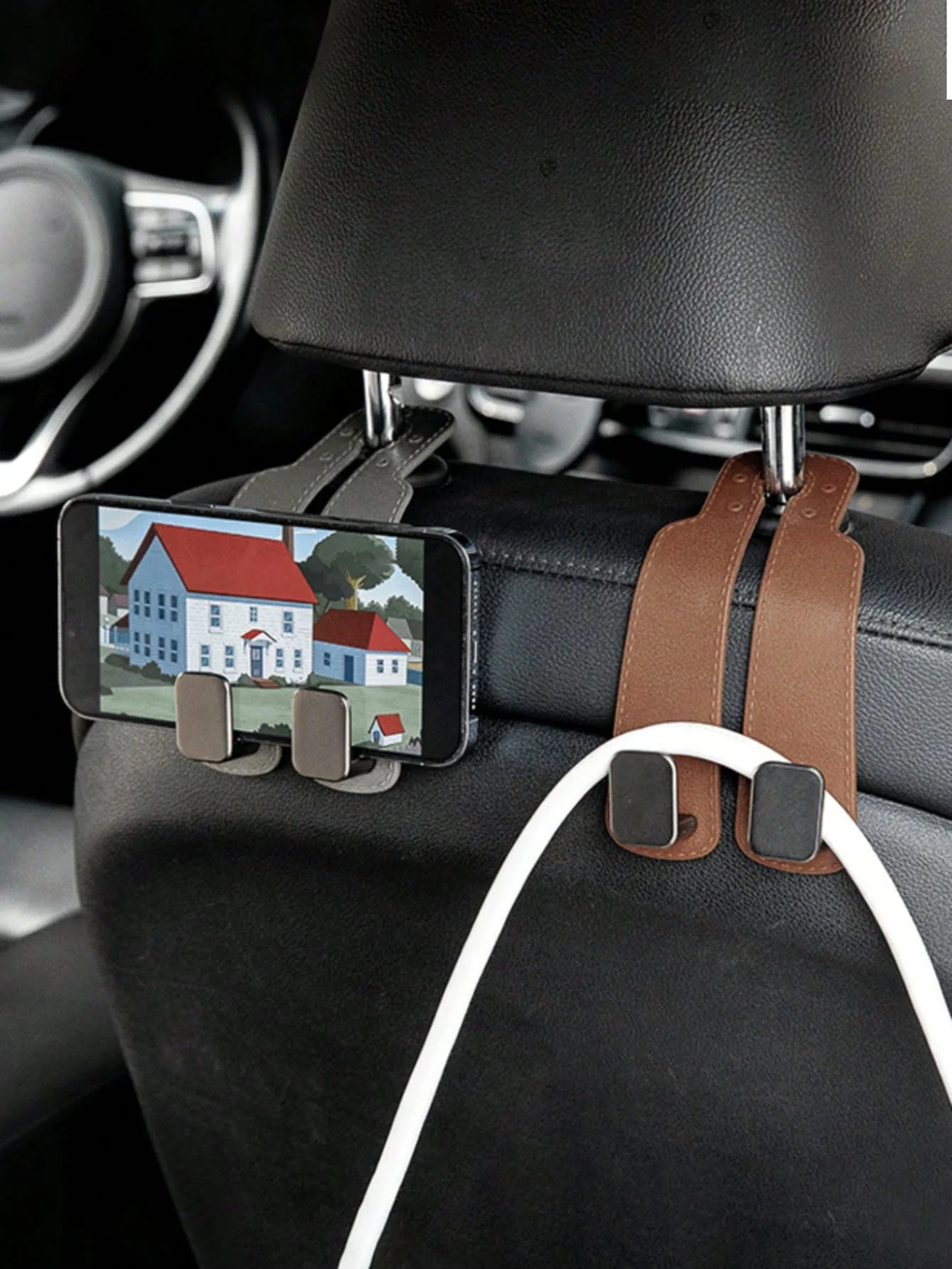 

Органайзер с крючком для спинки автомобильного сиденья с двумя крючками — универсальная вешалка для подголовника для рюкзаков, пальто и подставки для телефона — прочная искусственная кожа