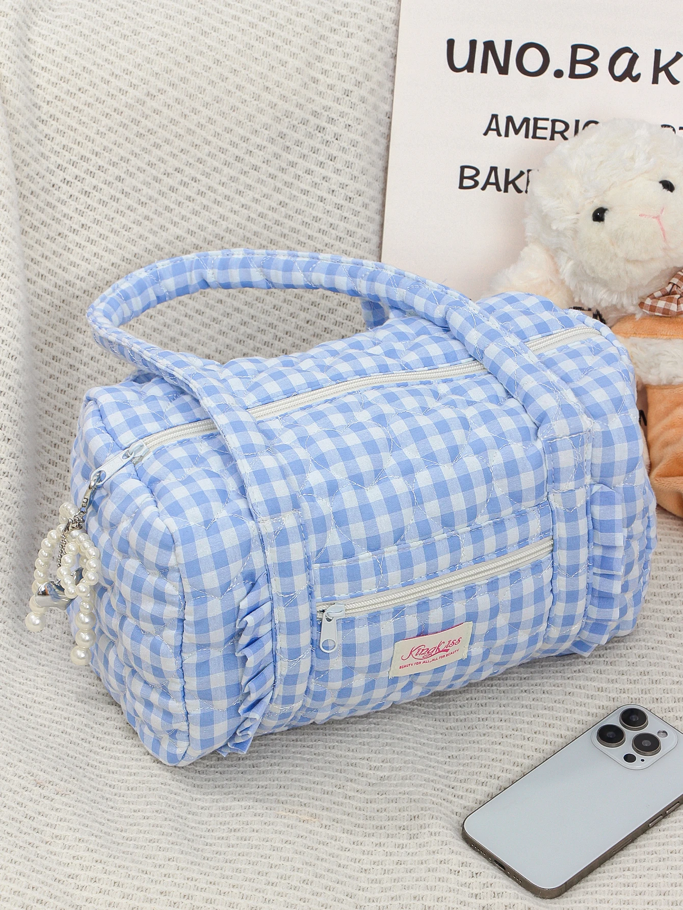 قطعة واحدة من حقيبة السفر الزرقاء المنقوشة، حقيبة سفر متعددة الوظائف ذات سعة كبيرة، حقيبة تخزين أدوات الزينة اليومية المحمولة