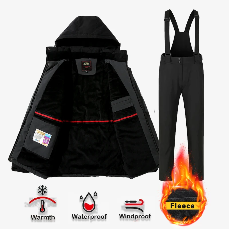 

9XL Large Size Men Ski Suit Warm Fleece Snow Jacket & Pants Set, Windproof Waterproof Snowboard Wear, Winter Snow Coat Overalls