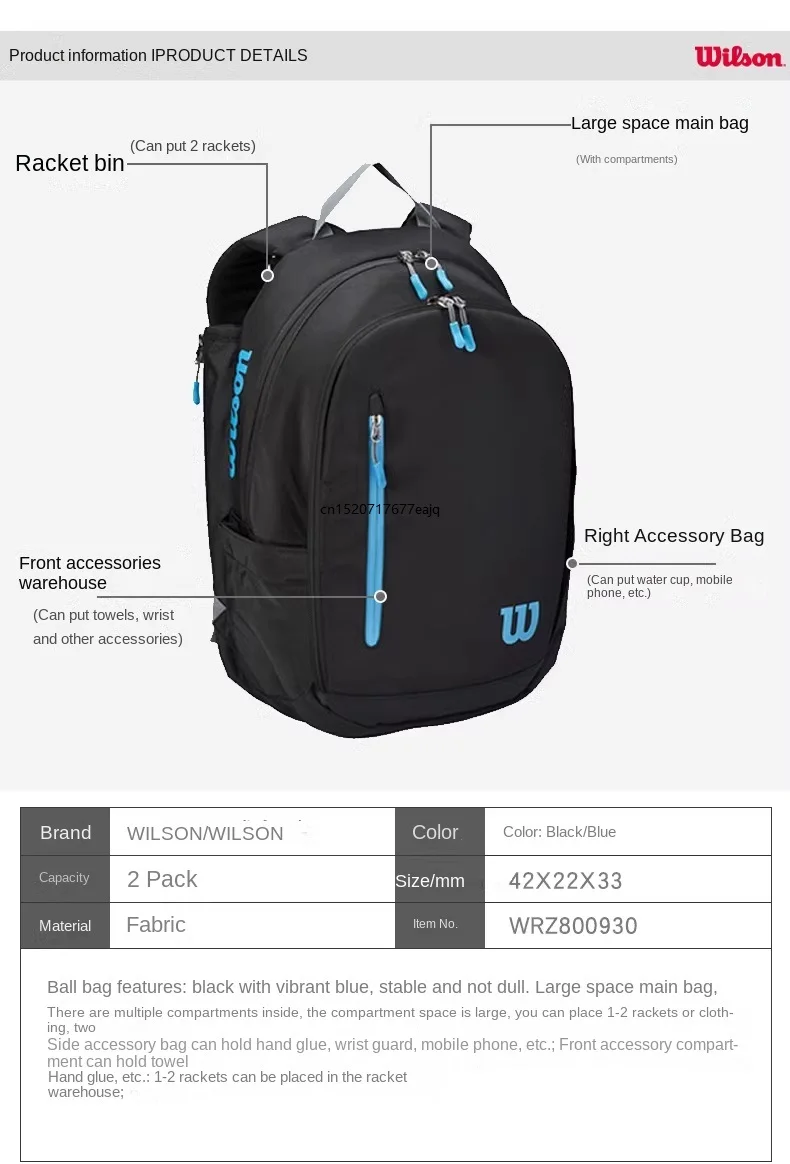 Wilson Ultra Tennis Backpack Multi functional Large Capacity Black/Blue Double Shoulder Tennis Bag - Image 2