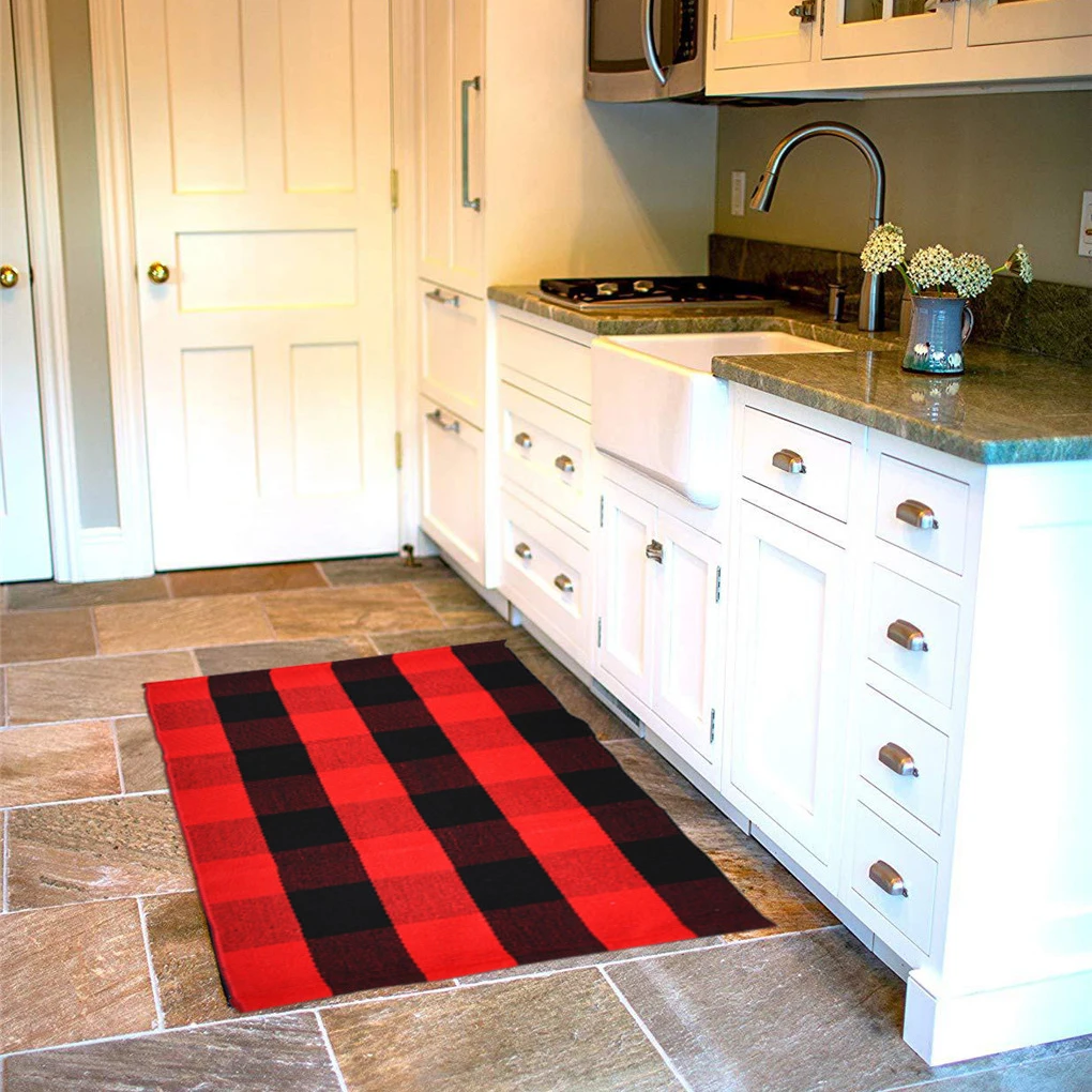 Hand-Woven Cotton Plaid Area Rug Anti Slip Doormat Floor Mat Layered Carpet for Laundry Kitchen, Red Black, 70x45cm