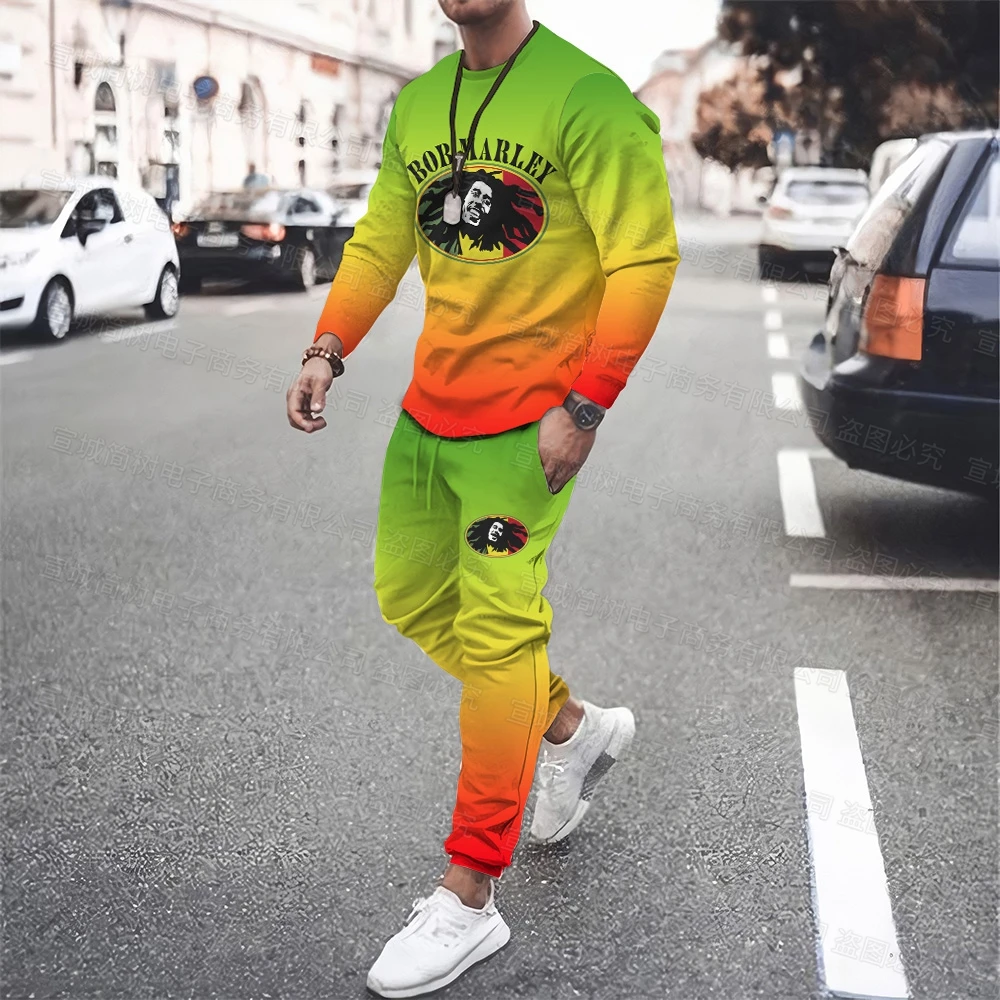 Reggae Sweatshirt Set Long Sleeve T-Shirt Casual Pants Sportswear Hip Hop Punk Street Men Oversized Jersey 2 Piece Set