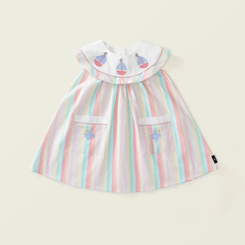 Girls Embroidered Sundress Summer Multi Color Stripes Sleeveless Dress Japanese Korean Style Kids Dresses Girls Clothes