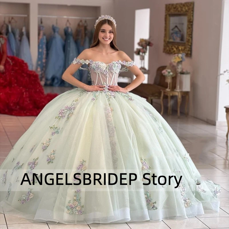 

Angelsbridep мятно-зеленое бальное платье, платья Quinceanera с открытыми плечами, с цветочной аппликацией и жемчугом, платья для 15 лет, официальное платье