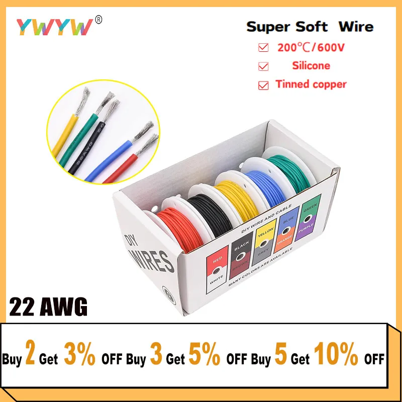 22 AWG/0.3mm² Tinned Copper Cable DIY Boxed Flexible Heat Resistant Silicone Connection Cord 5 Colours 32.8ft/10m Car/Home Power