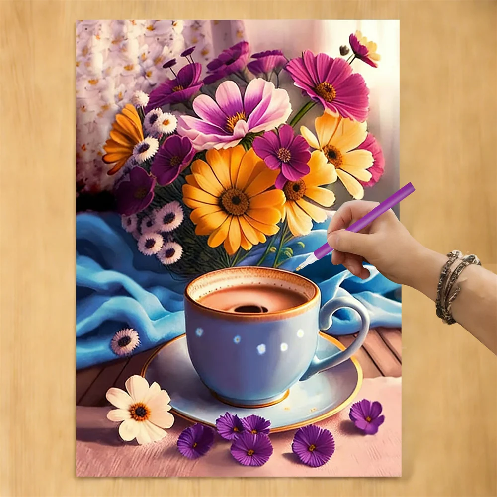 AZQSD Diamant-Stickerei 5D Gänseblümchen-Blumenbild aus Strass, Landschafts-Diamantmalerei, Kunst, Blumen-Kaffeetasse, DIY-Geschenk