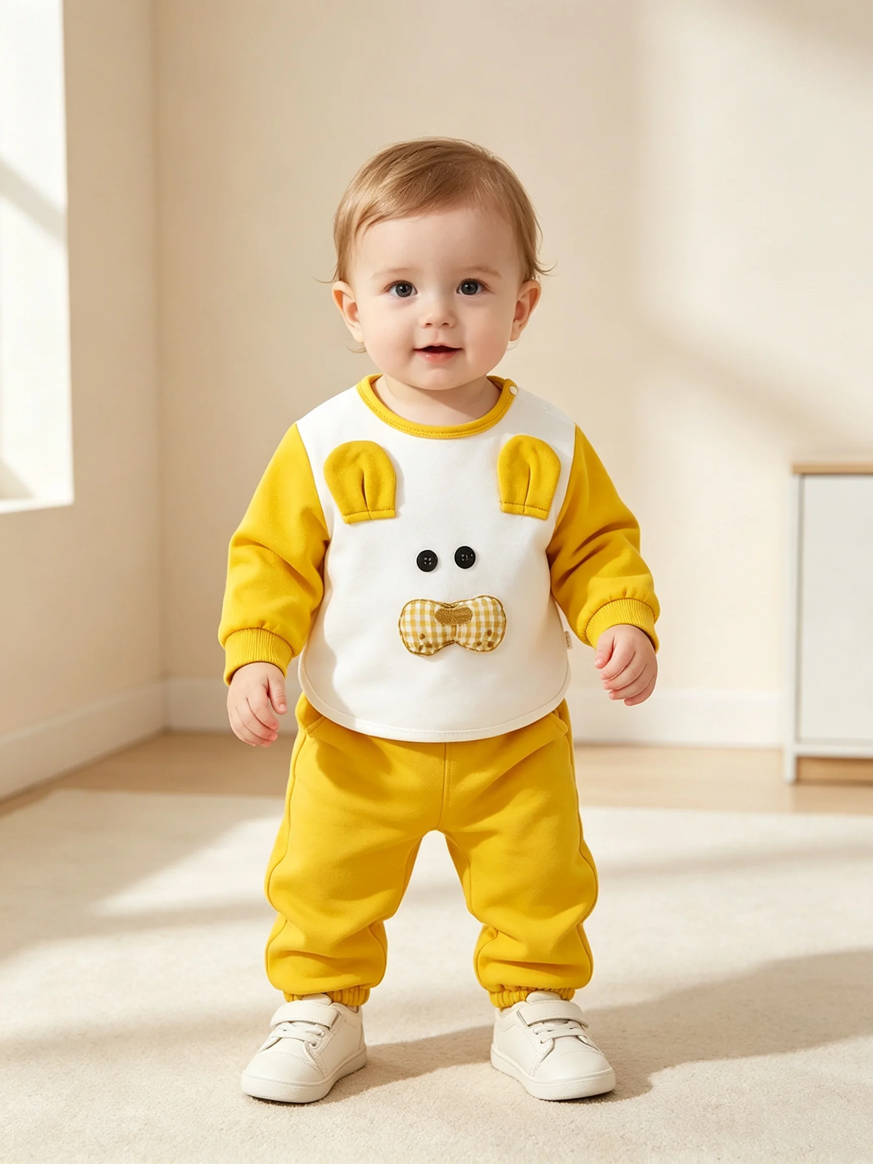 Baby Spring Autumn Cartoon Dog Two-Piece Set with Color Block Ear Long Sleeve Top And Cuffed Pants Ensemble for Toddlers