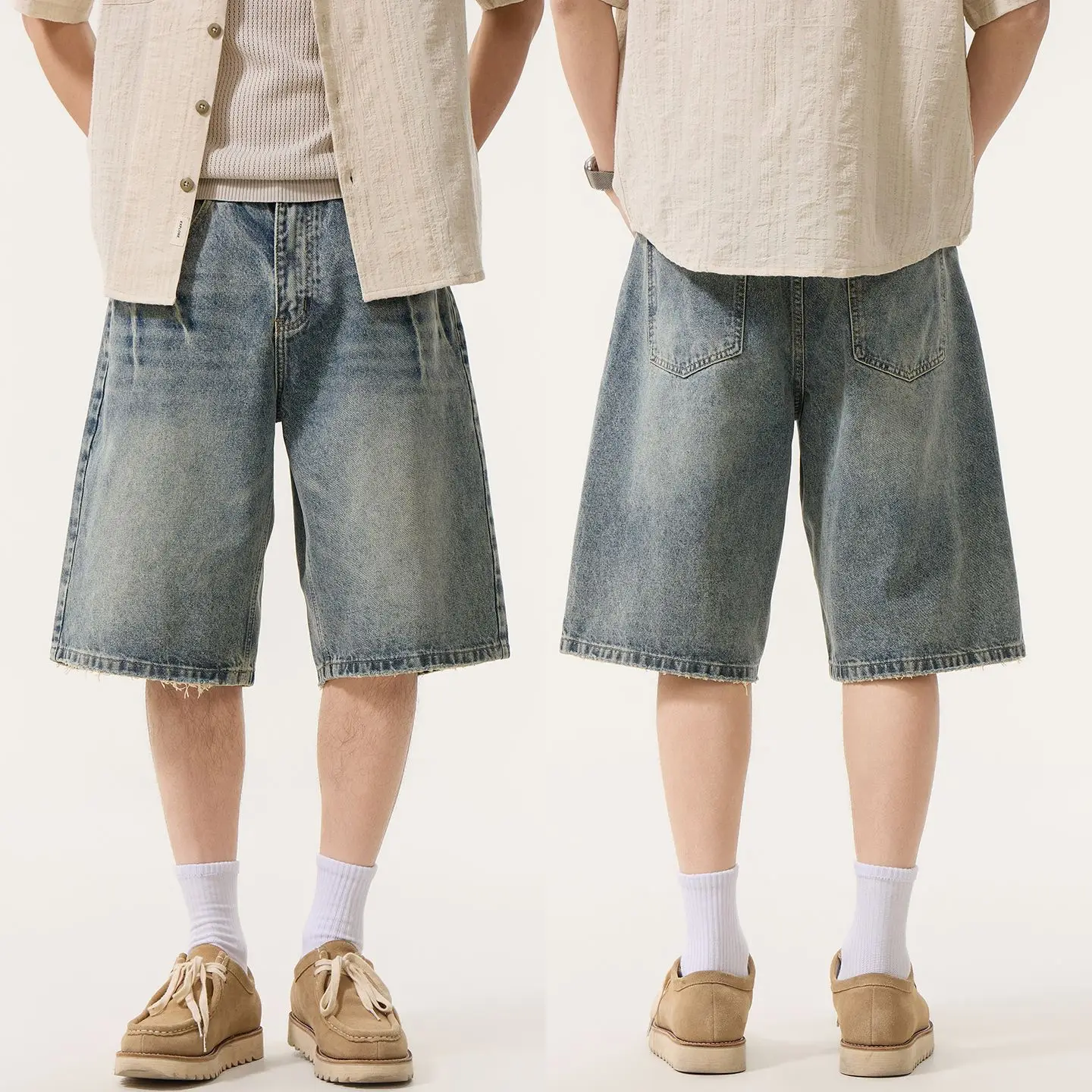 

KSTUN 2026 Men's High Street Lightning Print Denim Shorts Summer Hip Hop Loose Wide Leg Straight Knee-Length Casual Shorts