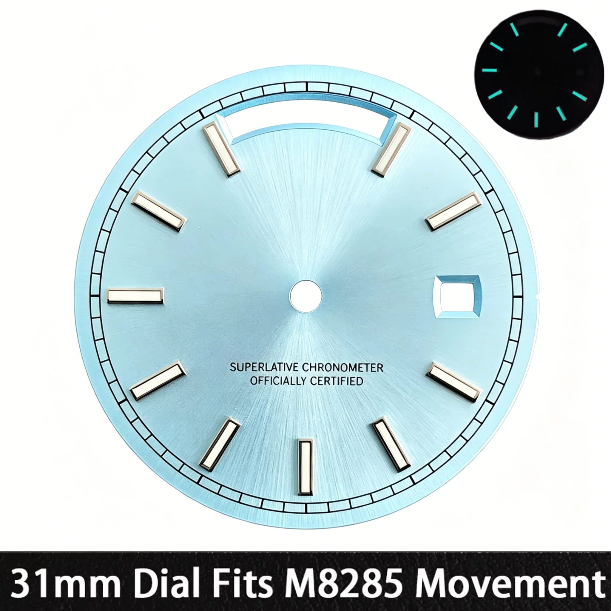 31mm Day Date Dial - Blue-Green Luminous Watch Face - Fits M8285 Movement - Men's Watch Mod Parts