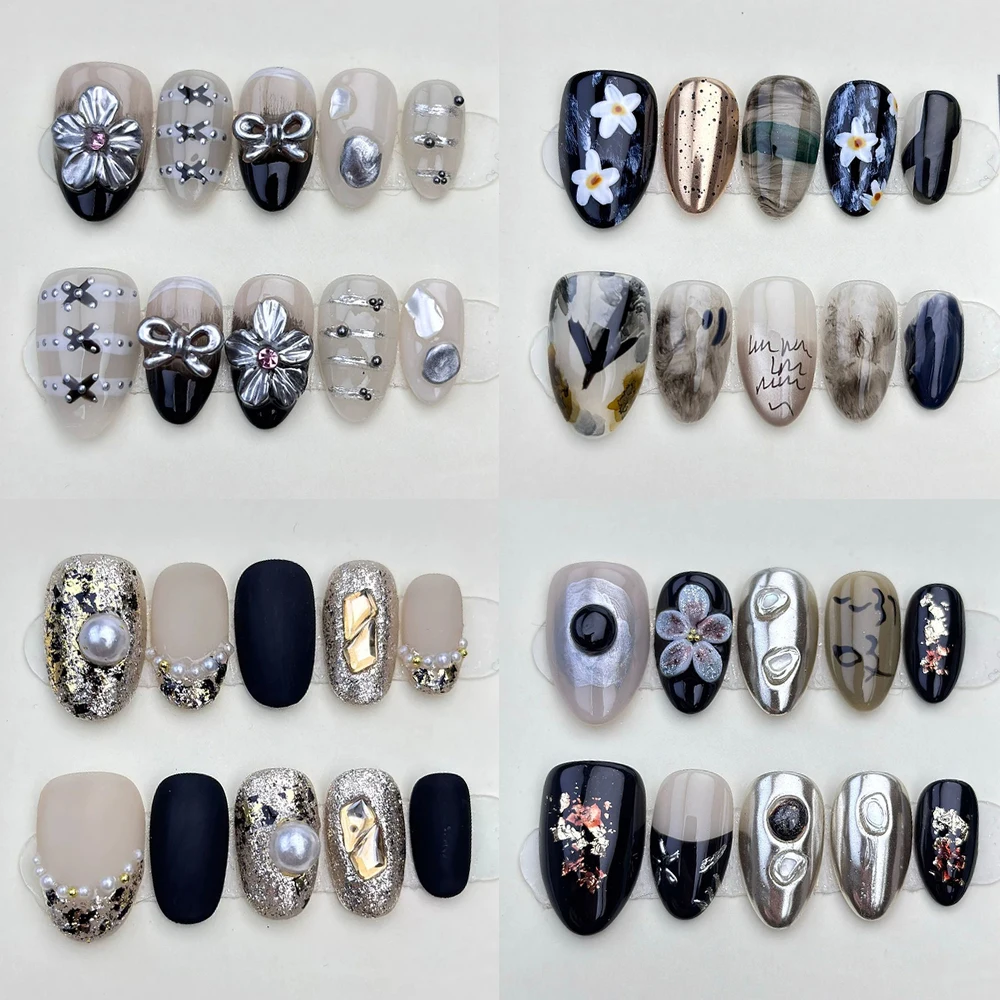 

10Pcs Vintage Short Almond Handmade Removable Full Cover Nails Hand Painted Flower Bowknot Rhinestone Pearl Press On Nails