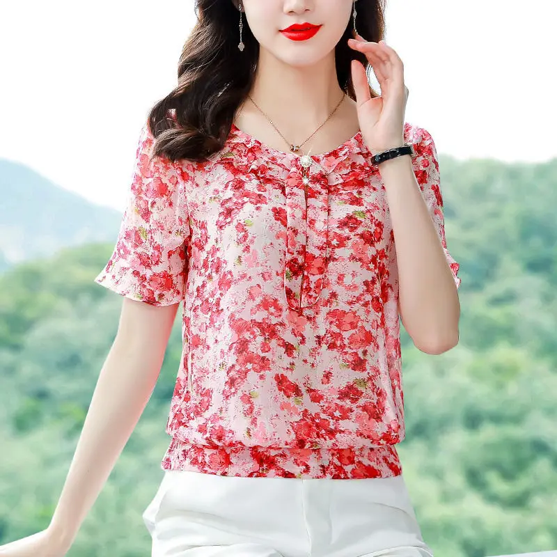 Short Sleeve Round Neck Chiffon Blouse Women Floral Print 2022 Female Casual Chic Shirts Summer Korean Ladies Loose Pullover Top