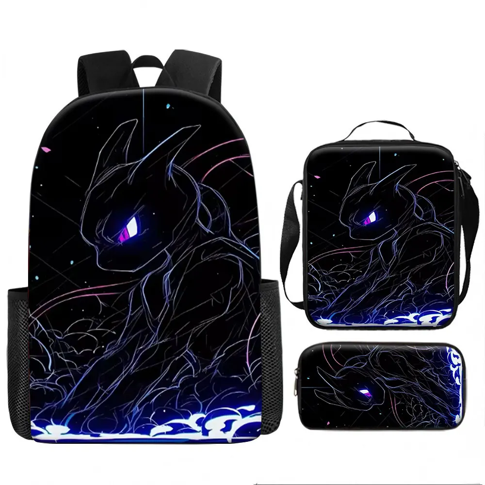 Kids Bag,Pokémon,Mewtwo 3pcs Backpack Set Glowing Neon Anime Print Shoulder Lunch Pencil Case for Kids Boys Girls School Trav