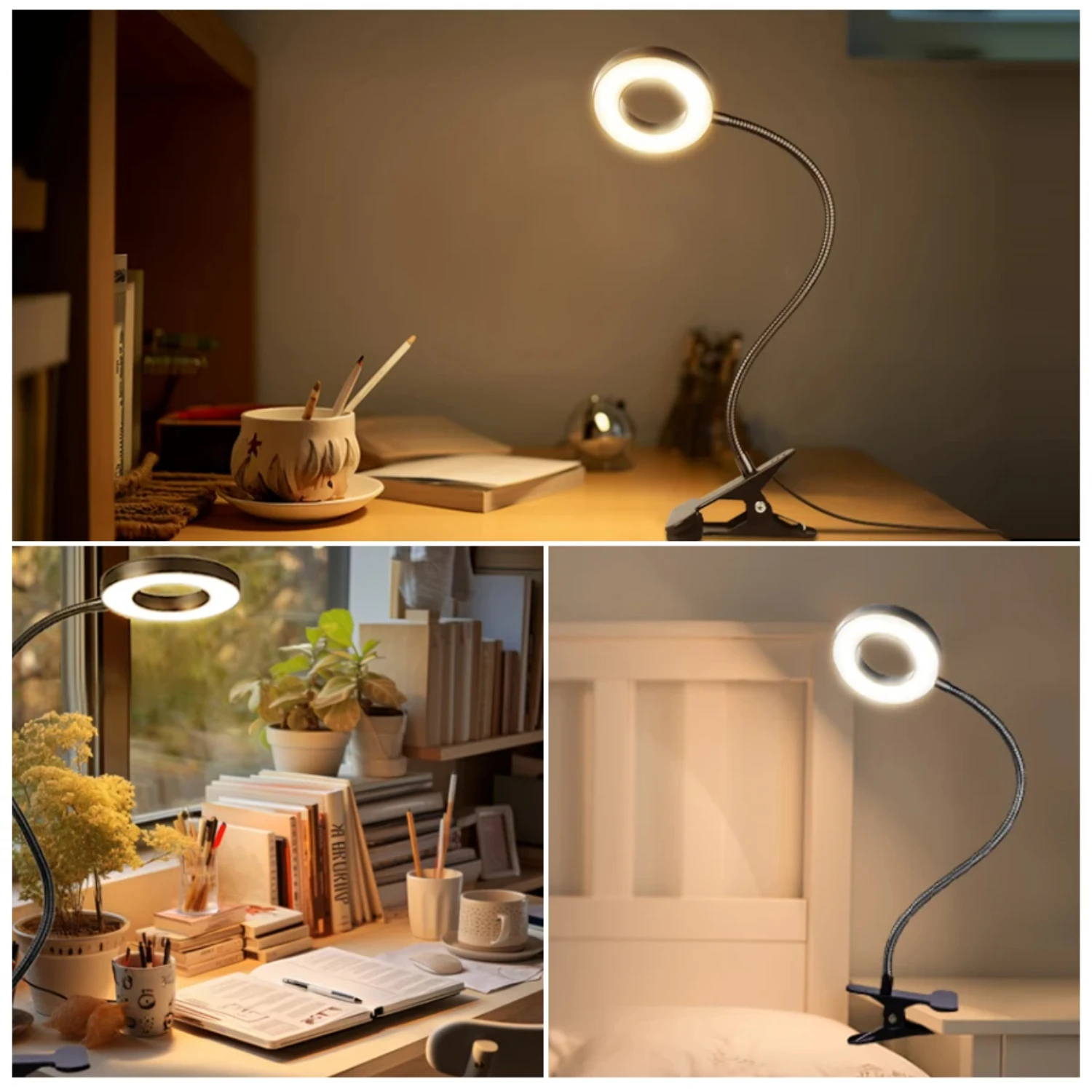 Lampada da libro a LED ricaricabile tramite USB Lampada da scrivania con morsetto da 48 LED Protezione flessibile per gli occhi Lampada da lettura per studio Luminosità a 3 livelli regolabile