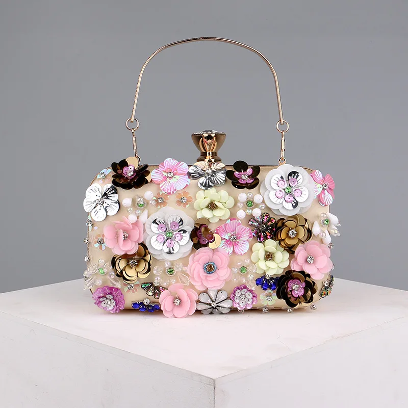 Bolsa de ombro crossbody feminina, mini bolsa de flores, carteira noturna, caixa dourada, moda, festa, 2023