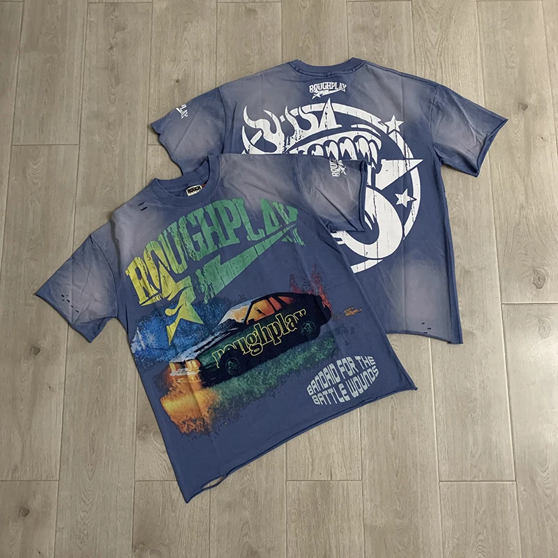 New Arrival Rough Play Streetwear Short Sleeve Top Men Racing Car Letter Print Gradient Tie Dye Tee
