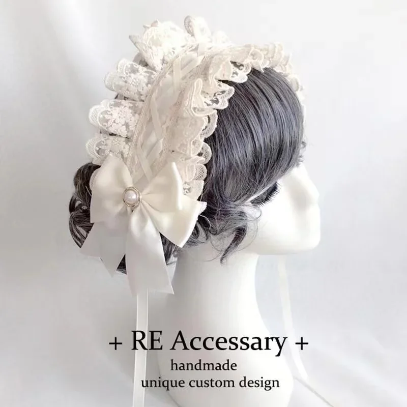 

Ribbon Bow Hairband with Hairpins Girls Lolita Lace Ruffled Headband Sweet Star Embroidery Anime Maid Cosplay Headdress