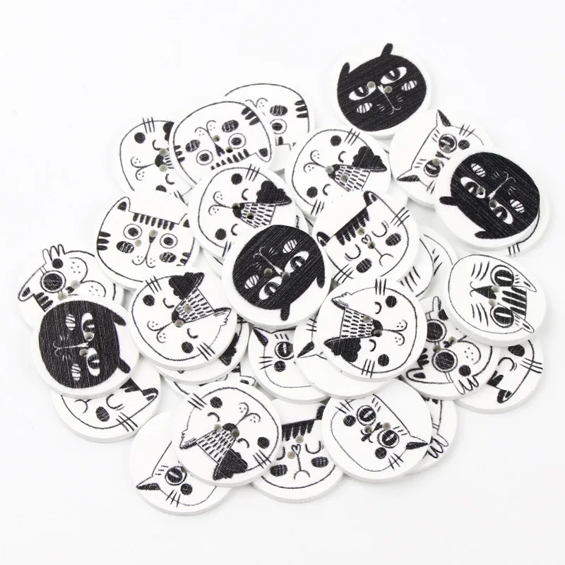 30pcs 25mm Mix Cat Painting Button Cartoon Sewing Wooden Buttons For Clothing Scrapbook Christmas Crafts Card Sewing Accessories