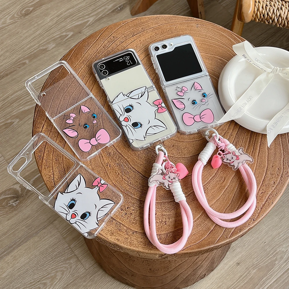 

Disney Marie Cat with Lanyard Phone Case for Samsung Galaxy Z Flip 3 4 5 5G PC Hard Anti-drop Back Cover Funda