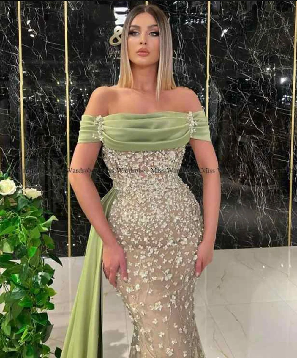 Sparkling Sage Evening Dresses Mermaid Party Prom Gowns Beading Strapless Wedding Guest Dress 2024 Off Shoulder Sleeve Back Out