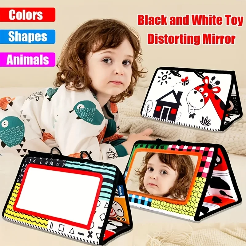High Contrast Abdominal Time Mirror Toy - Foldable - Colorful Shapes, Animal and Fruit Puzzles | Preschool High Contrast Crepe