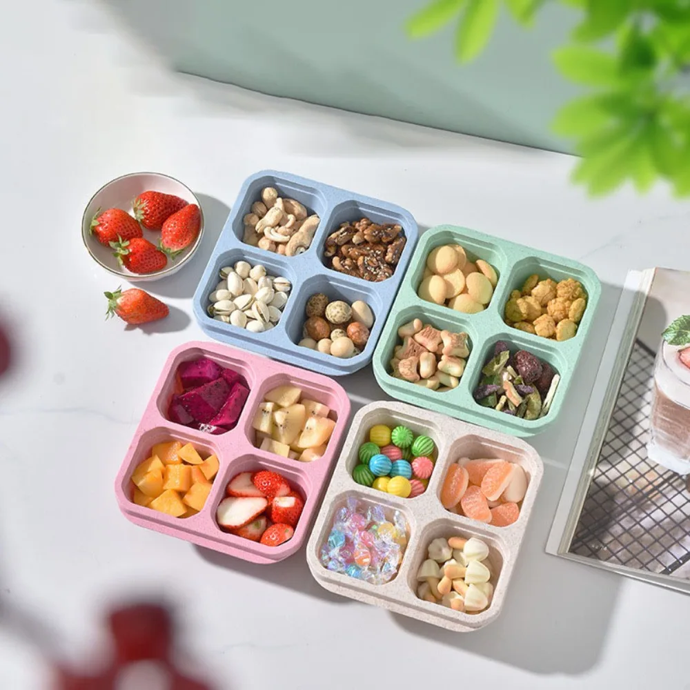 Reusable Snack Dim Sum Nut Candy Box with Cover Wheat Straw Lunch Box Four Grid Divided Food Storage Adults