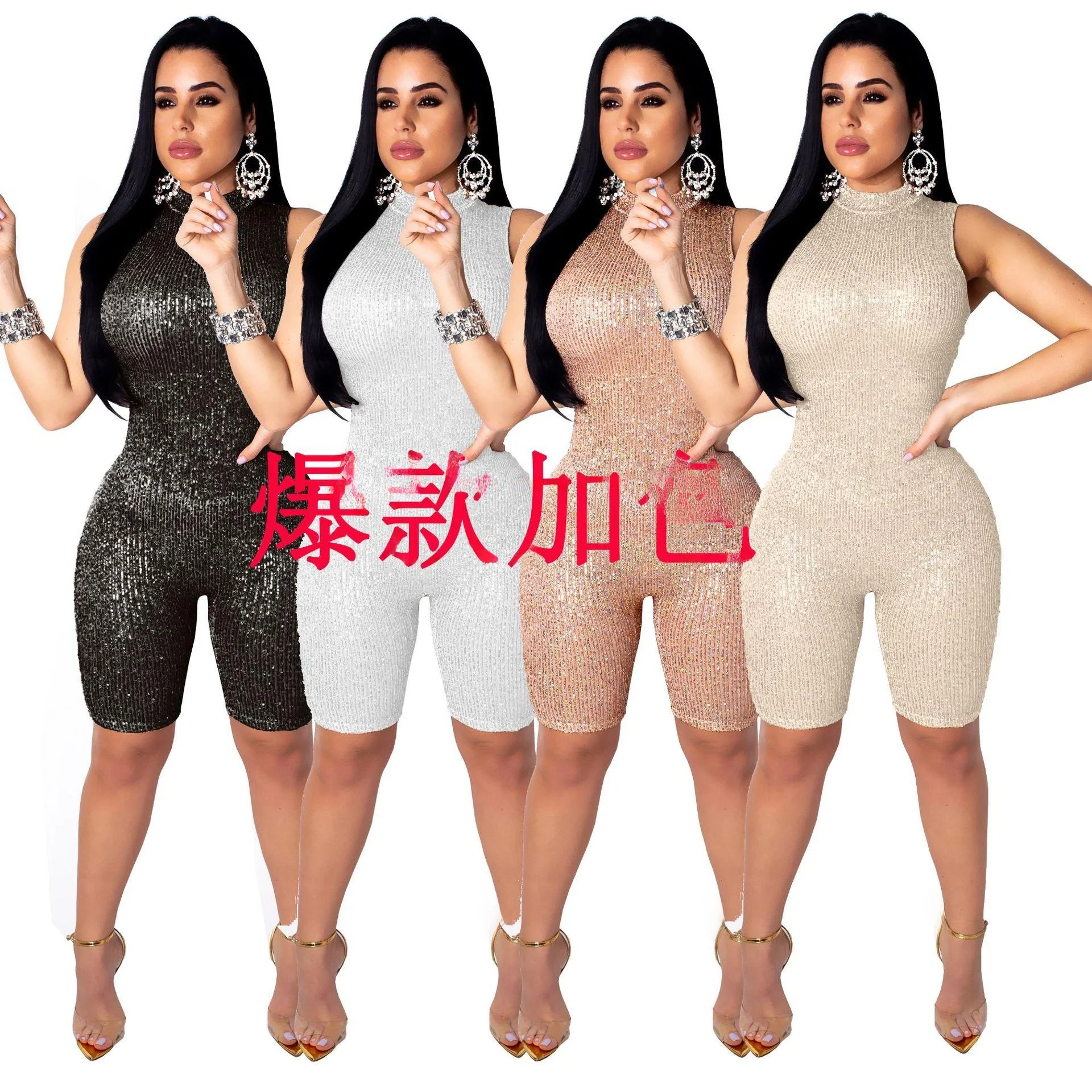 여성용 스팽글 점프수트 나이트클럽 원피스 섹시한 로우 웨이스트 폴리에스터 섬유 캐주얼 팬츠 중년 여성용