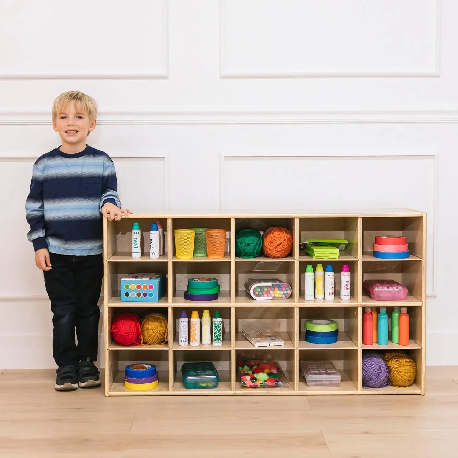 Streamline 20 Cubby Tray Storage Cabinet, 4x5, Classroom Furniture, Natural, Customized
