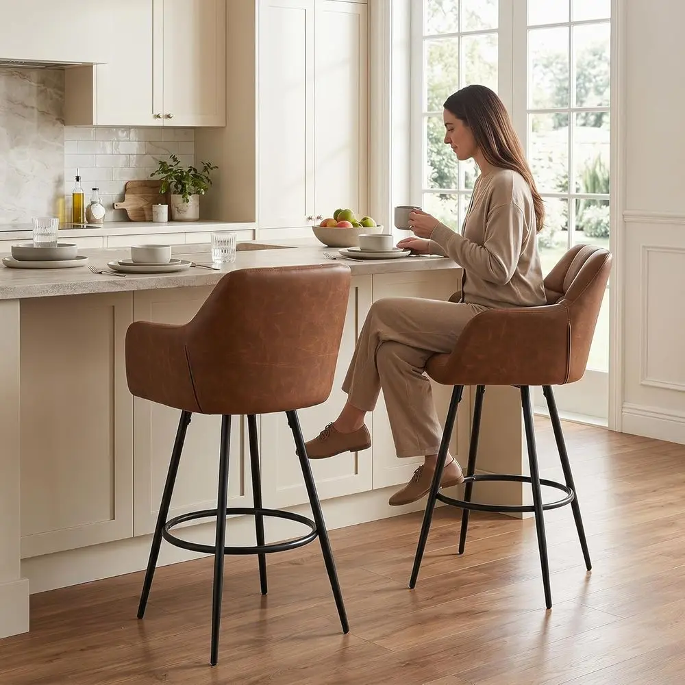 

Pair of High Bar Stools with Backrest and Arms, Leather Upholstered, Suitable for Kitchen Counter/Home Bar/Dining Room, Brown