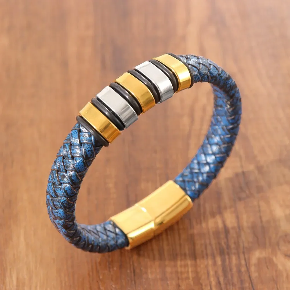 Vintage Blue Leather Woven Magnetic Buckle Bracelet Charming Men's Bracelet Christmas Gift Valentine's Day Gift Protector Jewelr