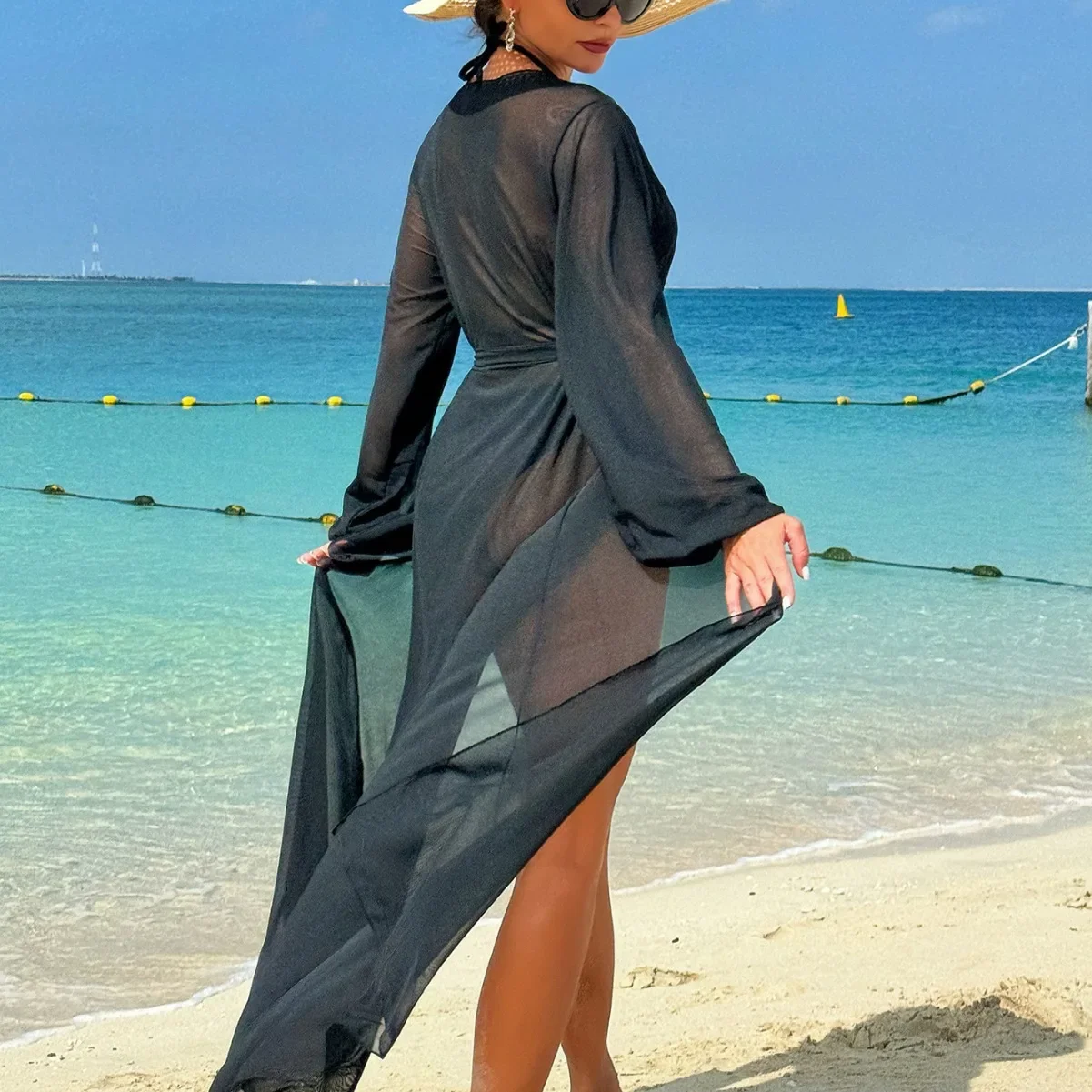 2025 Summer Feminino Women Transparent Beach Maxi Dress Swimwear Bikini Cover-up Tunic Chiffon Female Bathing Suit