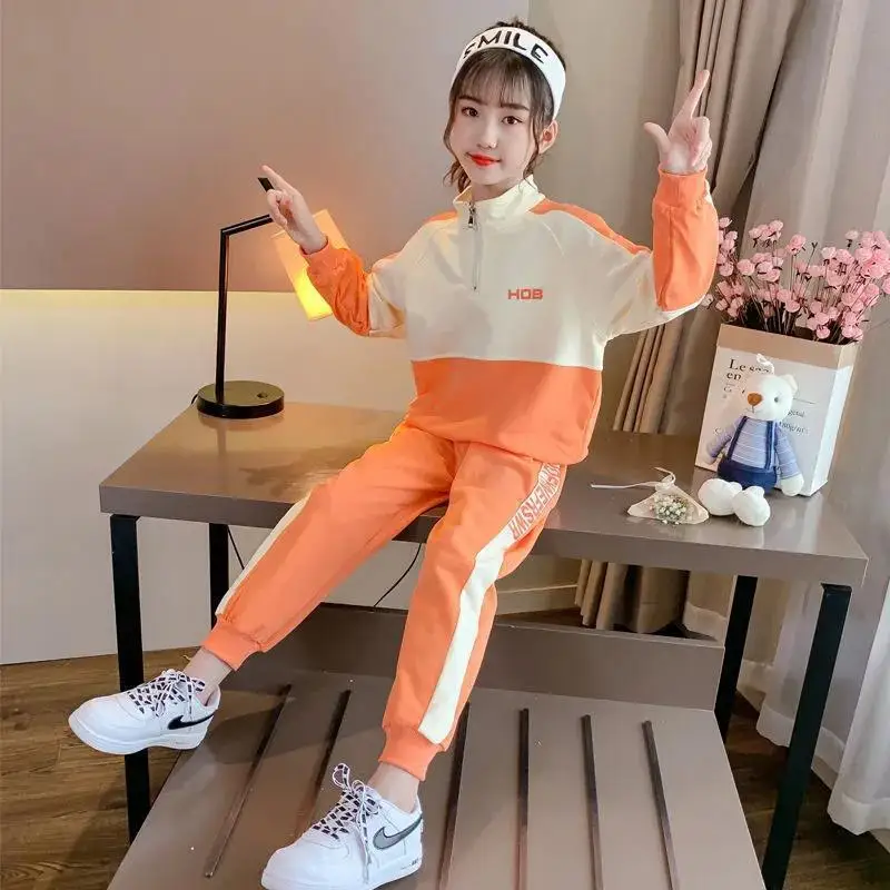 

Young Girls' Sport Sets Long Sleeve Top Patchwork Loose Cuffed Pants Two Pieces Letter Print Pure Cotton Causal 5-14 Years Old